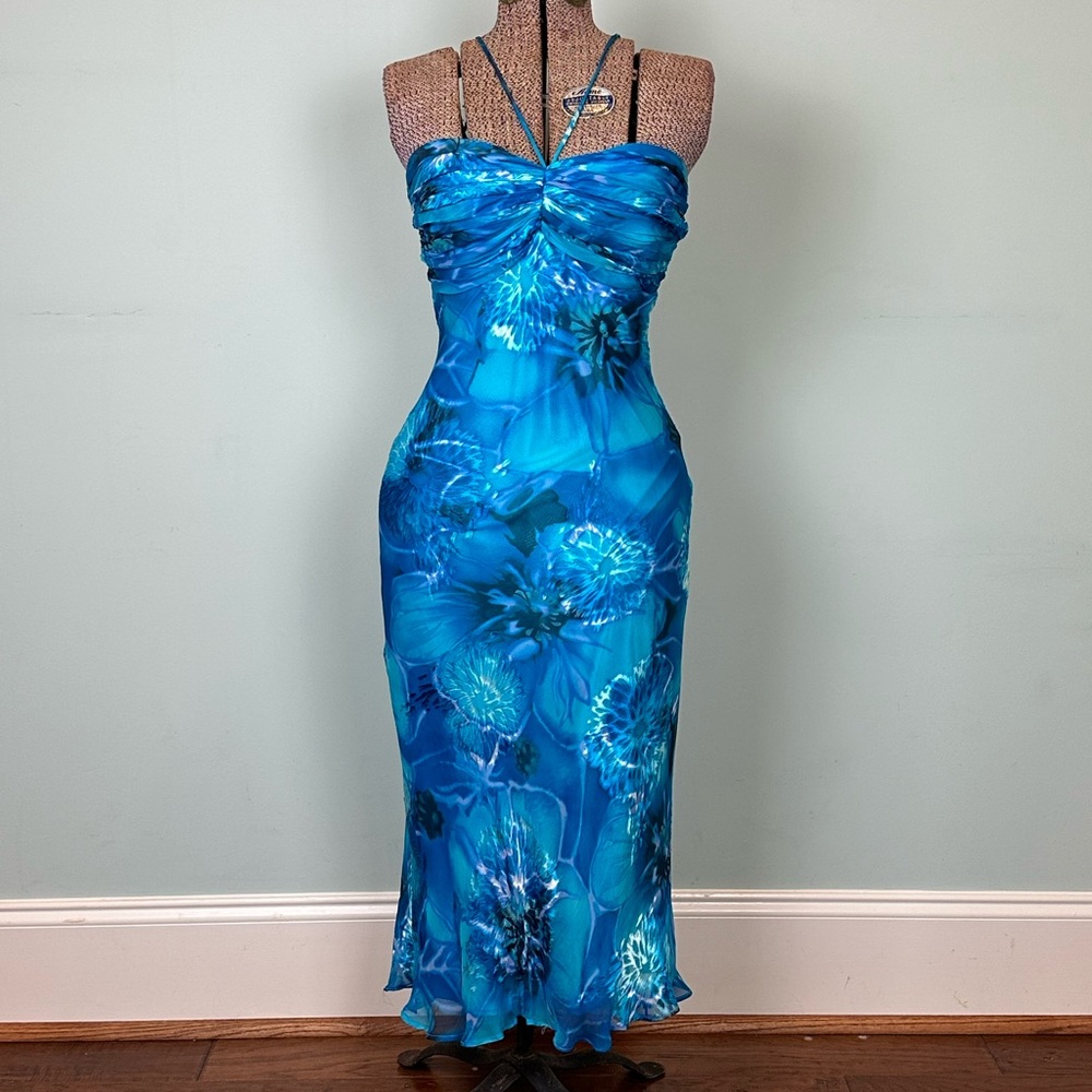 Cache Strapless Blue Floral Dress